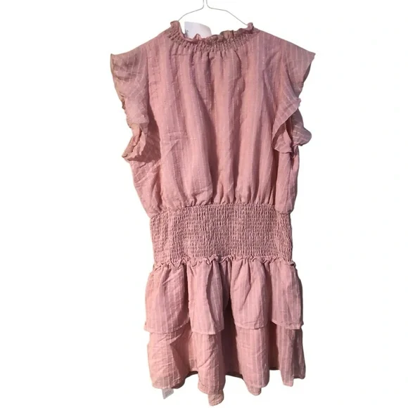 🆕 Cupshe Smocked Short Ruffle Sleeve Tiered Mini Dress Pink NWT Size large - Picture 5 of 12